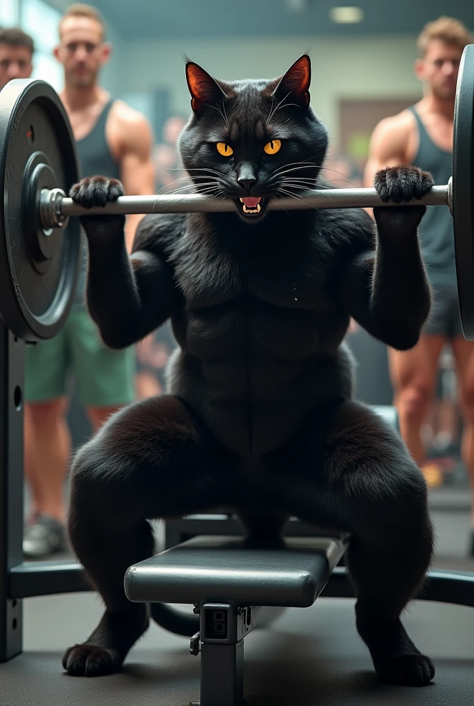 A black cat is doing muscle training、Bench Press、Human figure、A painful face、Sweating、People are watching in the background、High resolution, 