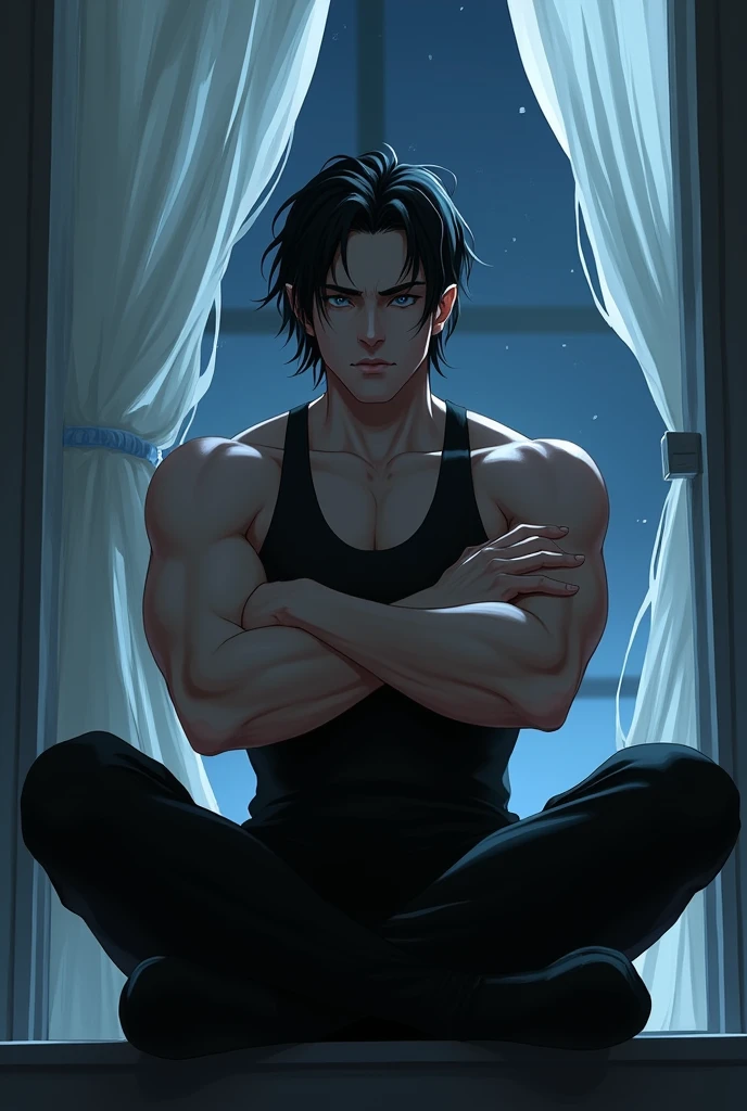 1 man, Imposing Man,Tight black clothing. pointy ears. Shoulder length black hair with only the top part pulled back behind her head. blue eyes. pale white skin. Digital art. Sitting on the edge of a window with the night in the background, Loose white curtains fluttering in the night wind, arms crossed on chest, attractive and dangerous young man, dark and tense atmosphere, dim lighting, muscles, Robust and sexy, serious, strong jaw, straight nose, affiliated cheekbones