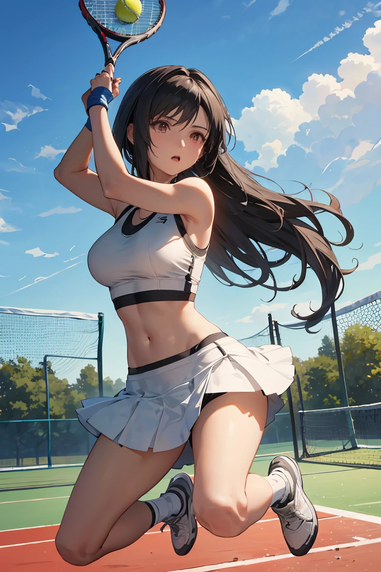 ((best quality)), ((masterpiece)), (detailed), Create a highly detailed image of a tennis player inspired by Tifa Lockhart from the RPG series Final Fantasy. The character should have long, flowing black hair, expressive eyes, and a strong yet feminine physique. She is wearing a modern tennis outfit, with a sleeveless white top, a short skirt, and tennis shoes, all reminiscent of Tifa's iconic style. The scene is set on a sunlit outdoor tennis court, with dynamic action as she prepares to hit the ball, showcasing her agility and strength. The background includes a vibrant blue sky and a few clouds, adding a sense of energy to the scene, 1 Tennis racket, 1 tennis ball