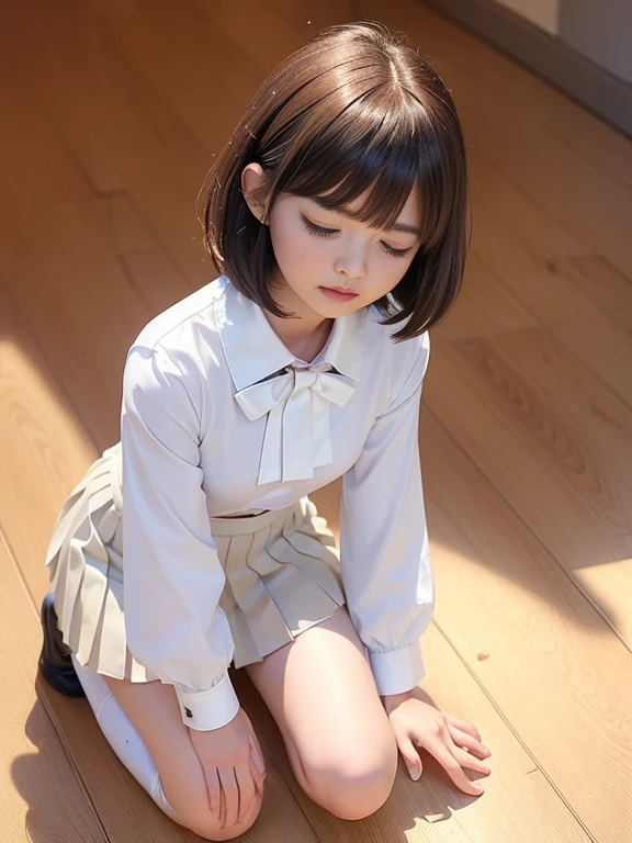 (masterpiece、Highest quality:1.7)、(:1.5)、(Above the knee side shot:1.8)、(from below:1.5)、Bobcut、Black Hair、85mm、16K、Official Art、RAW Photos、Best Beautiful Faces、Close-up、Violet、Gardenia、((The best beautiful girl、very cute))、Red blush on cheeks、indoor、(Kneeling on the floor:1.8)、Film Grain、Chromatic Aberration、Sharp Focus、(((Nice hands、Perfect hands、Perfect Fingers、Thin and delicate fingers、A perfect body without flaws)))、Detailed face、(Slender body:1.5)、(Slender body:1.4)、(Small and flat bust:1.7)、(Let your bangs hang down:1.8)、(Blushing:1.8)、(Look Up:1.6)、(Low contrast lighting:1.5)、(White tight business blouse with collar:1.5)、(White bow tie blouse:1.3)、(White School Socks:1.5)、(Long sleeve: 1.5)、(A very short white pleated mini skirt:1.5)、(Eyes closed:1.5)