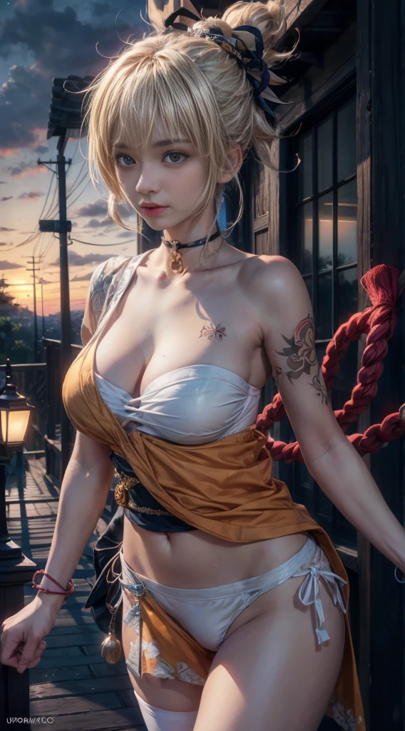 ((masterpiece)),(((bestquality))),((ultra-detailed)), ((beautiful detailed sky)), ((cinematic lighting)), depth of field, dynamic pose, (beautiful detailed girl),detailed lighting,(beautiful detailed eyes), large breast, (sexy), (cleavage), bare thigh,yoimiyadef,yoimiyarnd, choker, white panties, white bra, tattoos on body, big breast, blonde ponytail hair, hair bun, twilight light 