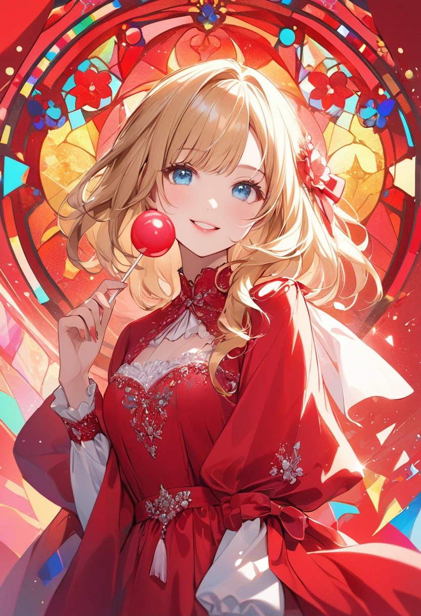 (Red Theme art),(Highest quality),(masterpiece),(1 Innocent ),(alone),Delicately painted face,Girl with a beautiful face,Clear blue eyes with beautiful details,(Beautiful detailed golden hair),Bright atmosphere,Pink fashion with beautiful details,((Red costume)),(beautiful silky blonde:1.3),Pink Flower,Pure white skin,Beautiful artistic illustration,Red Theme,Beautiful smile,Peko-chan,(Licking a lollipop),Bright colors,Soft gradient,pastel,Lens flare,(Glitch Art),Stained glass,Illustration of a beautiful woman in a red dress, Holding a lollipop. She should have a confident and powerful Performance. The style is pop art, Bold colors, Dot, And Popアート特有の誇張された特徴. Keep the background simple and light, Focus on the woman&#39;s posture, Performance, And Pop."