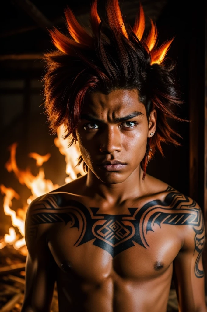 Boy, teenager, hair on fire, indigenous, forest, red eyes, fire hair, indigenous, brown skin, eyes of fire, angry face, tribal tattoos, black, eyes of, Man, 