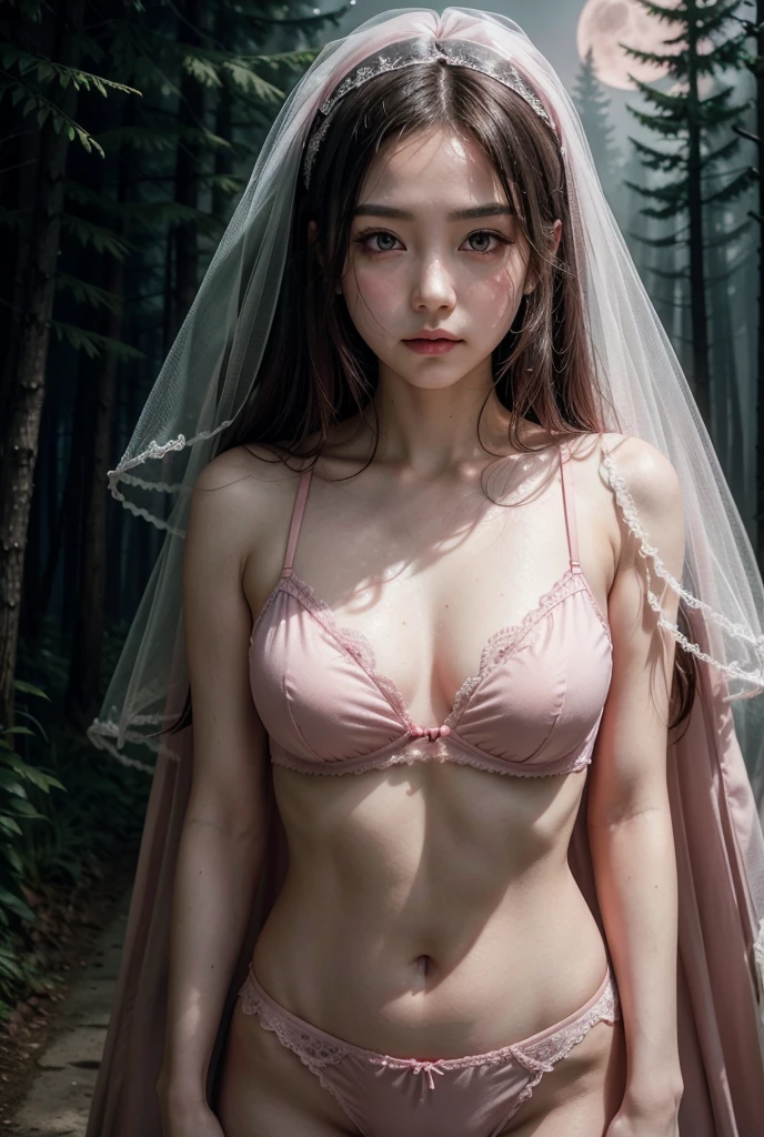 A cute woman in a pink bra, with a thin white veil over her shoulders, stares forward, red eyes, the background is a forest, the atmosphere is oppressive, gray fog, the moon in the blood red sky.