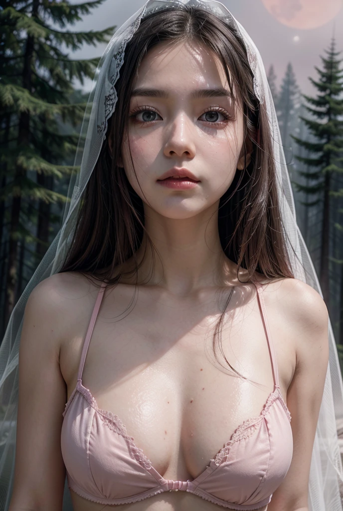 A cute woman in a pink bra, with a thin white veil over her shoulders, stares forward, red eyes, the background is a forest, the atmosphere is oppressive, gray fog, the moon in the blood red sky.