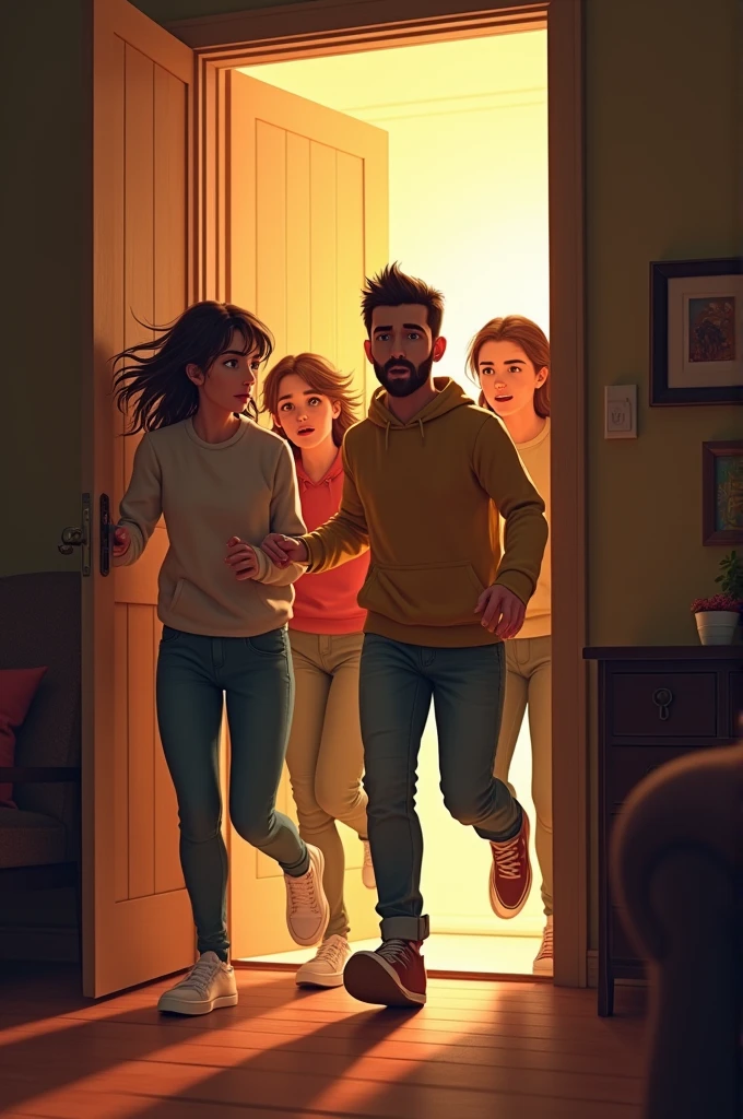 The friends running to the door, finding it locked tight.