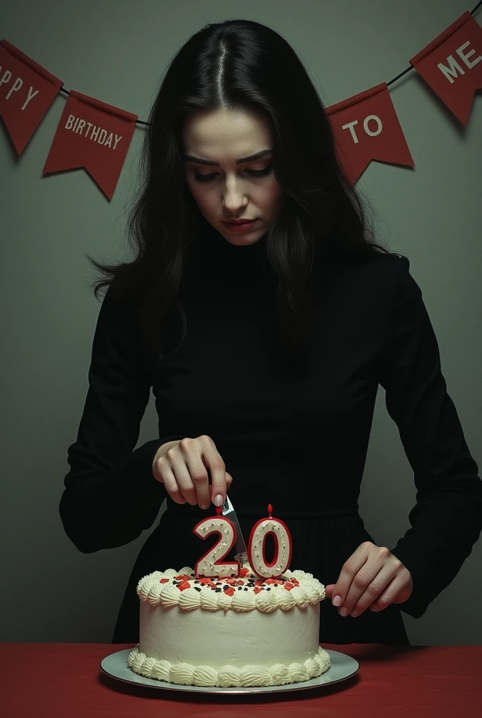 The women celebrate his birthday (alone) and his cutting his birthday cake and on the cake 20 letter number candle and small knife and his and face full of sadness and his background banner like a happy birthday to me.and his waring a black dress and full sleeve with cover neck dress