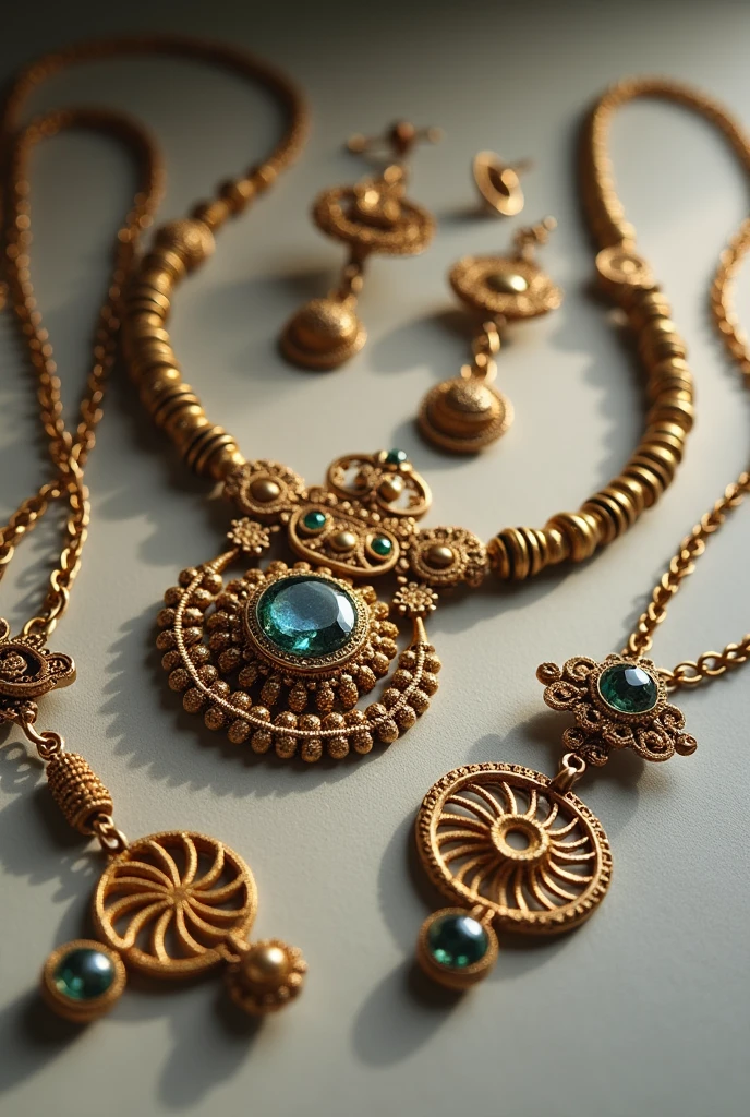 Ancient Greek necklaces and earrings visible up close
