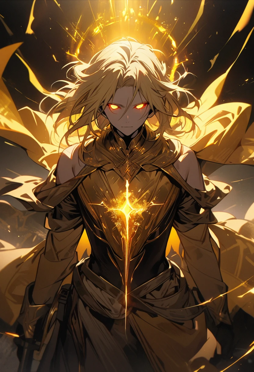 male, solo, god, golden aura, blond hair, glowing eyes, god eyes, no eyeball, Christs, beautiful color, adult