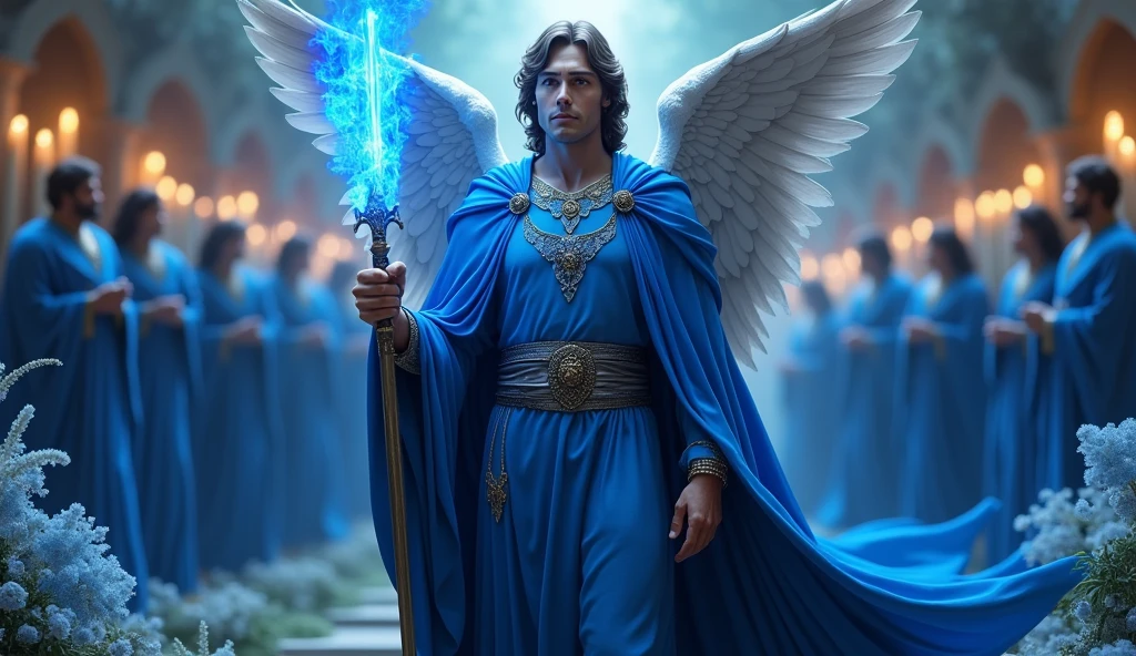 ultra realistic image of archangel michael chic velvet tunic and blue cape, with his blue flame sword, many blue candles lit, blue kyanite crystals,, convey depth, in the background 13 male angels with blue capes and tunics in the garden