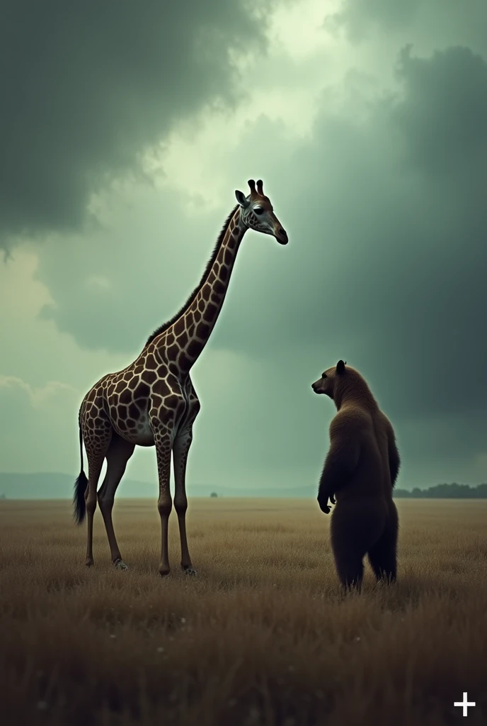 The image shows a giraffe standing on a grassy field with a cloudy sky in the background. The giraffe is facing towards the right side of the image and appears to be looking towards the left side. In front of the giraffe, there is a brown bear standing on the ground. The sky is filled with dark, ominous clouds and the ground is covered in dry grass. There is a plus sign in the bottom right corner, indicating that the image has been edited.