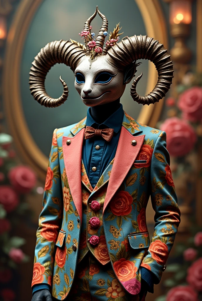 dressed up in a flowery suit and a horned mask for a masquerade party
