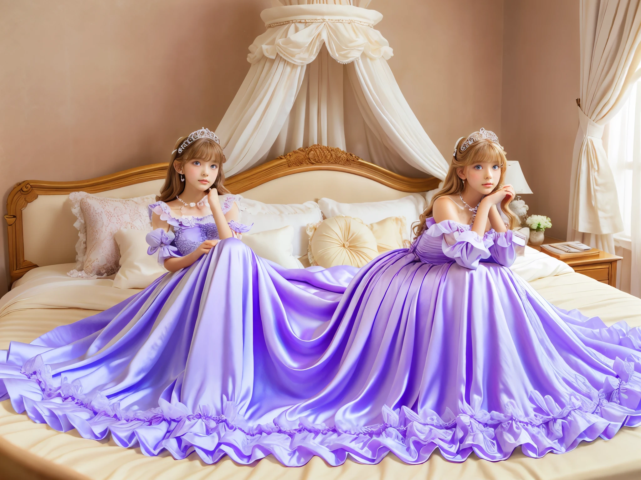 ,Highest quality, masterpiece, Highest Resolution, artwork, 3K Realistic Photos,,(( Young short girl)),Super-detailed young face,The three are princesses,Full-length ball gown dress with hoop skirt,Frilled yoke collar,Puff sleeves,Long sleeve,((A purple detailed princess satin dress in a ****ta-fashion with lots of ruffles and bows)),Rococo fashion,shiny satin dress,Soft and smooth fabric,luxury,Long blonde hair,blue eyes,White skin European,pajamas,((In the bedroom)),super detailed luxury princess canopy bed,silk satin purple bed sheets,,silk satin purple frilled pillows,Sitting on the bed,High-quality backgrounds,