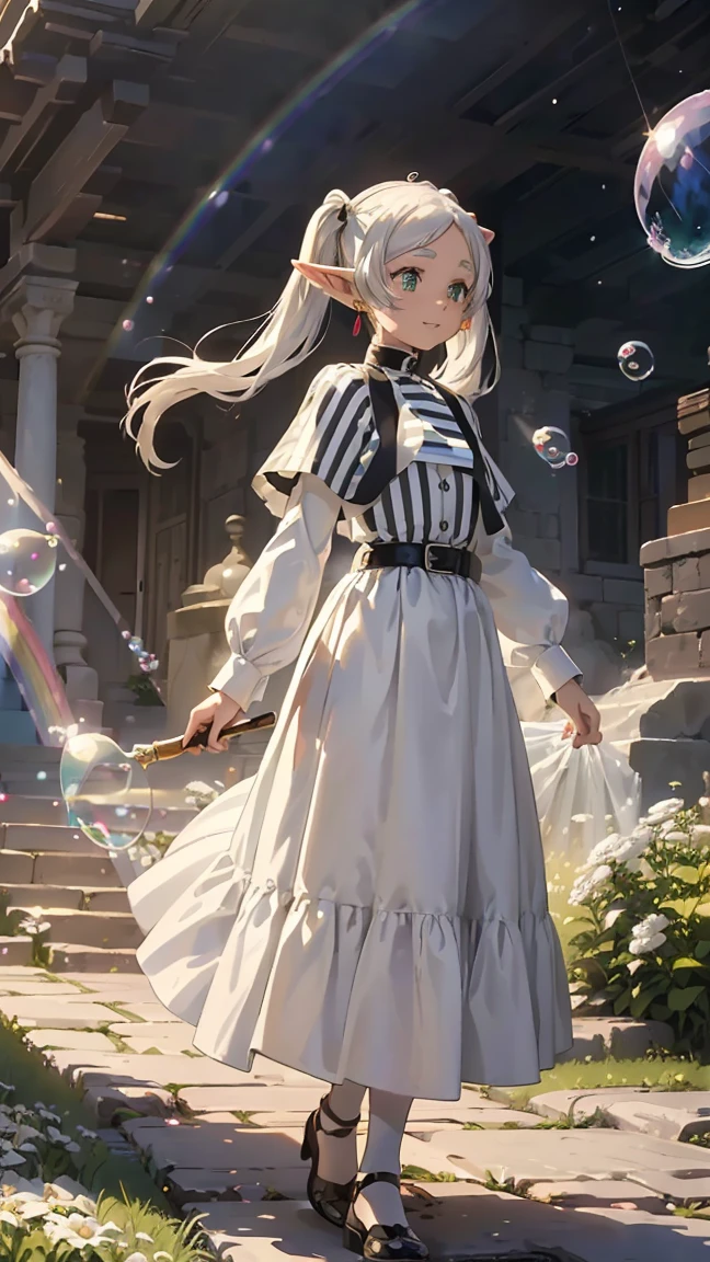 -, Frielen, girl 1 Person, shiny silver long hair, long and pointy ears like an elf, (((twin tails:1.3))), jewelry, elf, earrings, capelet, white capelet, long sleeves, (((black and white striped shirt:1.3))),, parted bangs, pure white dress, belt, flower ,--(((Fairy and elven women walking on a carpet of rainbow-colored soap bubbles, 1.3))), (16k, 8K, Raw, highest quality, masterpiece 1.2), Ultra HD, high resolution, high quality, best quality, (((full body image 1.3))), (((unreal space 1.3))), best quality, ultra high definition, incredibly absurd, highly detailed, 2.5D, beautiful goddess, (((pastel clouds 1.3))),, sunlight, pop art, (((delicate dynamic effect combining the taste of oil painting and watercolor 1.3))), (((rainbow fantasy 1.3))), perfect anatomy, perfect proportions, nice lighting, bright colors, clean lines, information, blurred, stunning facial expression, restless emotions, gorgeous and cute, beautiful face and eyes in every detail, (masterpiece) beautiful face, young and handsome girl, really perfect skin, blurred, stunning facial expression, restless emotions, gorgeous and cute, beautiful face and eyes in every detail, (Audrey Hepburn), (cute), (J-POP idol), (thighs, (depth of field), (depth of field), soft light, shining lens gaze, (droopy eyes), straight teeth, shy smile, fluttering hair, a scene from Blake's movie,