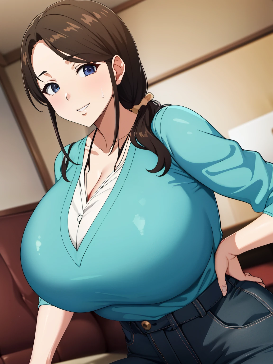 (超High resolution,4K,Very detailed, photograph, 8k, High resolution, High resolution, Absurd:1.2),40-year-old Japanese woman,expensive,Long black hair,Beautiful character design,Beautifully detailed eye depiction,Perfect Face,Expressive eyes,Brown eyes,A smile while doing something lewd,shirt,Blue denim pants,(Huge breasts:1.2),Tight waist,In the living room,Daytime