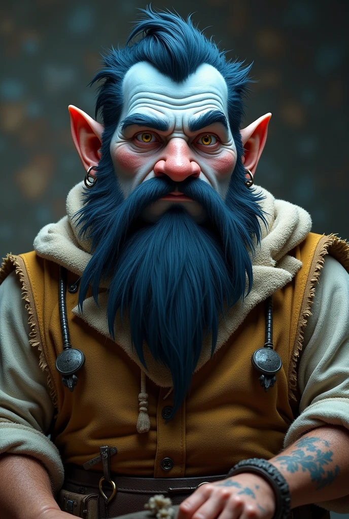 Create a male dwarf species, light blue skinned, Long Earings, fallen and hairy, yellow  eyes, big flat nose, dark blue hair and spiky, Make it neutral, wearing craftsman&#39;s attire 