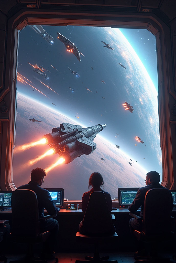 The fast flight of a spaceship during a space battle, as seen from the control panel through a large rectangular window. The crew members of the ship each sit at their own workstation and steer the ship. Through the window you can see rapidly approaching objects, around which a spaceship flies at great speed: the ship is attacked by several spaceships approaching at high speed and firing from a cannon, laser and machine gun; Planets and the asteroid belt fly by at great speed. The spaceship quickly dives, tacks right to left, straight, flies towards a large sparkling spiral galaxy.