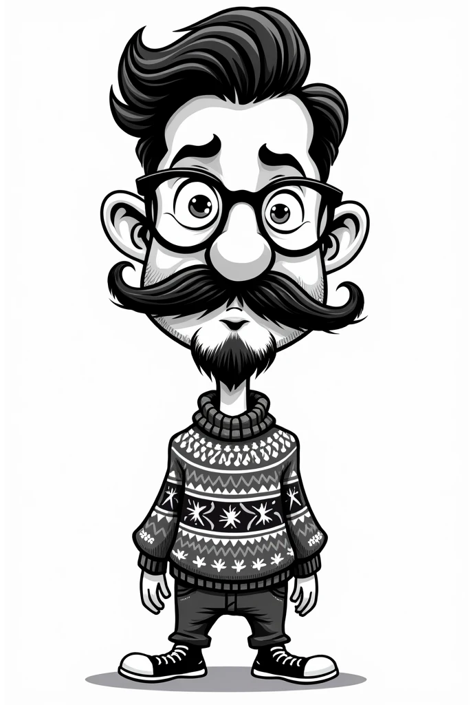Caricatura white y negro de hombre hipster con chomba de lana con patrones etnicos, white, mustache, no beard only above the lip, big glasses and vegan