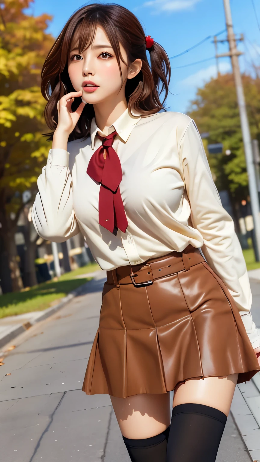 Masterpiece、Ultra-high quality photo、8k、5、Beautiful mature woman、Uniform Cosplay、Red cheeks、Light Brown Hair、Flared mini skirt、Over the knee stockings、loafers、Sidewalk、autumn、Walking、Plump body、Picking Up Girls、Embarrassed face、The wind flips up my skirt、White panties、lure