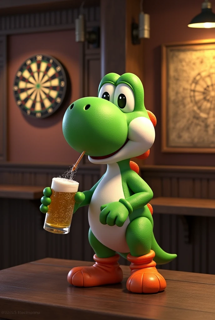 Yoshi drinks a beer and plays darts he holds a dart