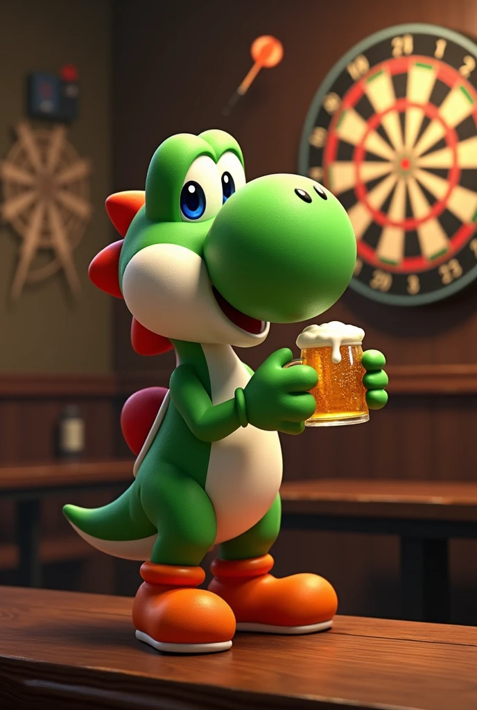 Yoshi drinks a beer and plays darts he holds a dart