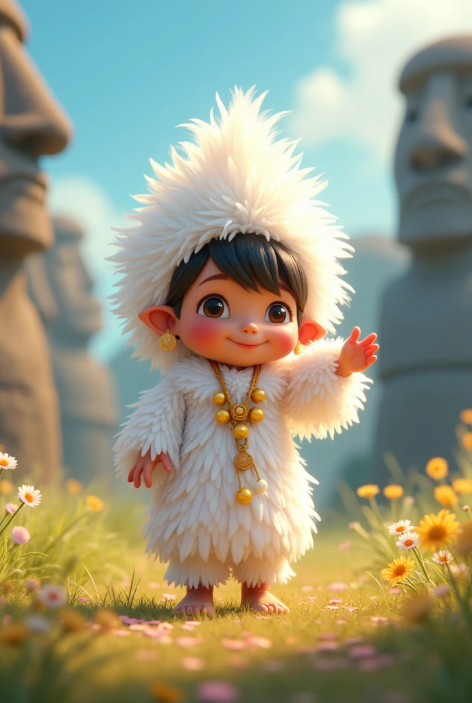 Create a kawaii animated character representing the native Chilean people Rapa Nui or Easter Island with the typical white feather costume pointing to the right