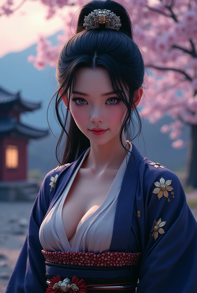 (Photorealistic:1.5, 8k, Highest quality, masterpiece, Ultra-high resolution), sengoku, God's Secret:1.3, Highly detailed skin and facial textures:1.3, Beautiful female samurai holding a Japanese sword:1.1, Very large breasts、Sexy beauty, Perfect Style, god, Fair skin, Very beautiful face, (Mid-chest, Chest gap), (Embarrassed smile, Her facial expression when she felt intense caressing, Facial expressions when feeling happy), (Let me's wear the sexy sengoku uniform:1.1, Off the shoulder), (Beautiful Blue Eyes, Beautiful erotic eyes:0.8), (Too erotic:0.9, Fascinating:0.9), Full Body Shot, Japanese god company in the background、Cherry Blossoms at Night
