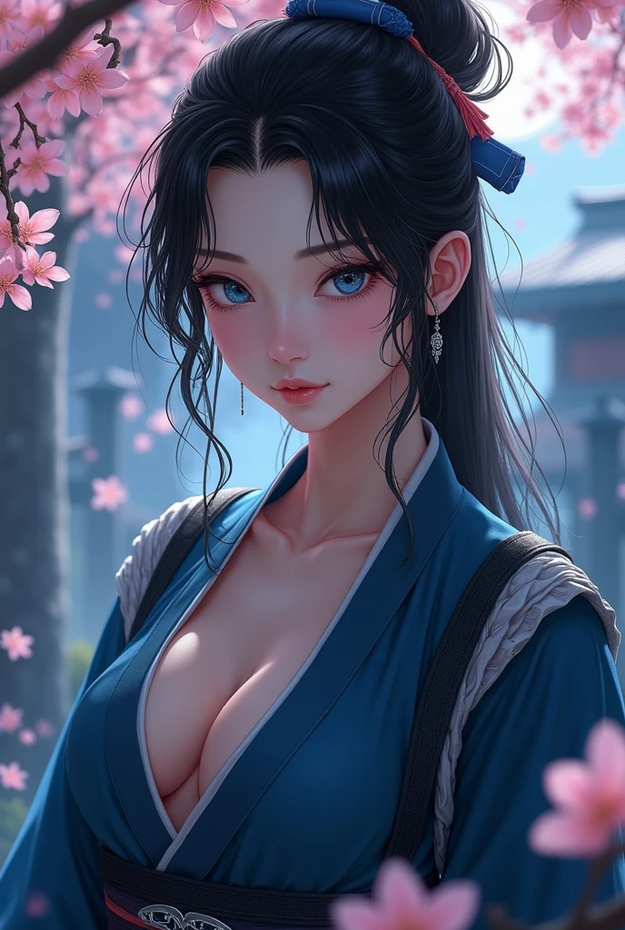 (Photorealistic:1.5, 8k, Highest quality, masterpiece, Ultra-high resolution), sengoku, God's Secret:1.3, Highly detailed skin and facial textures:1.3, Beautiful female samurai holding a Japanese sword:1.1, Very large 、Sexy bey, Perfect Style, god, Fair skin, Very beautiful face, (Mid-chest, Chest gap), (Embarrassed smile, Her facial expression when she felt intense caressing, Facial expressions when feeling happy), (Let me's wear the sexy sengouniform:1.1, Off the shoulder), (Beautiful Blue Eyes, Beautiful erotic eyes:0Too erotic:0.9, Fascina.9), Full Body Shot, Japanese god company in the background、Cherry Blossoms at Night