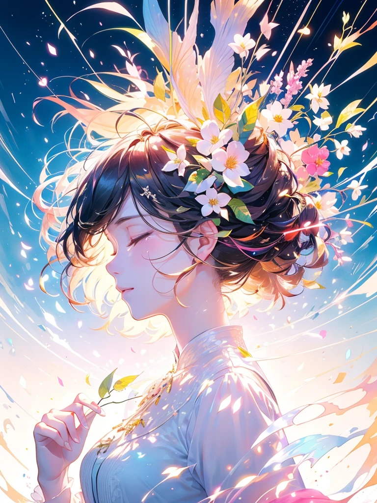(masterpiece、Highest quality、Highest quality、Beautiful and beautiful:1.2)、Excellent anatomy、(Watercolor painting 1.5)、Long Shot、straight short hair images、Trendy Hair Color, Beautiful Face、Beautiful profile, Look up at the sky, I close my eyes and pray, A tear running down my cheek,Fairy, 蝶のFairyのコスチューム、Pure white、Pure、charm, Colorful flowers of different colors, Flower and leaf wind、Botanical Art,