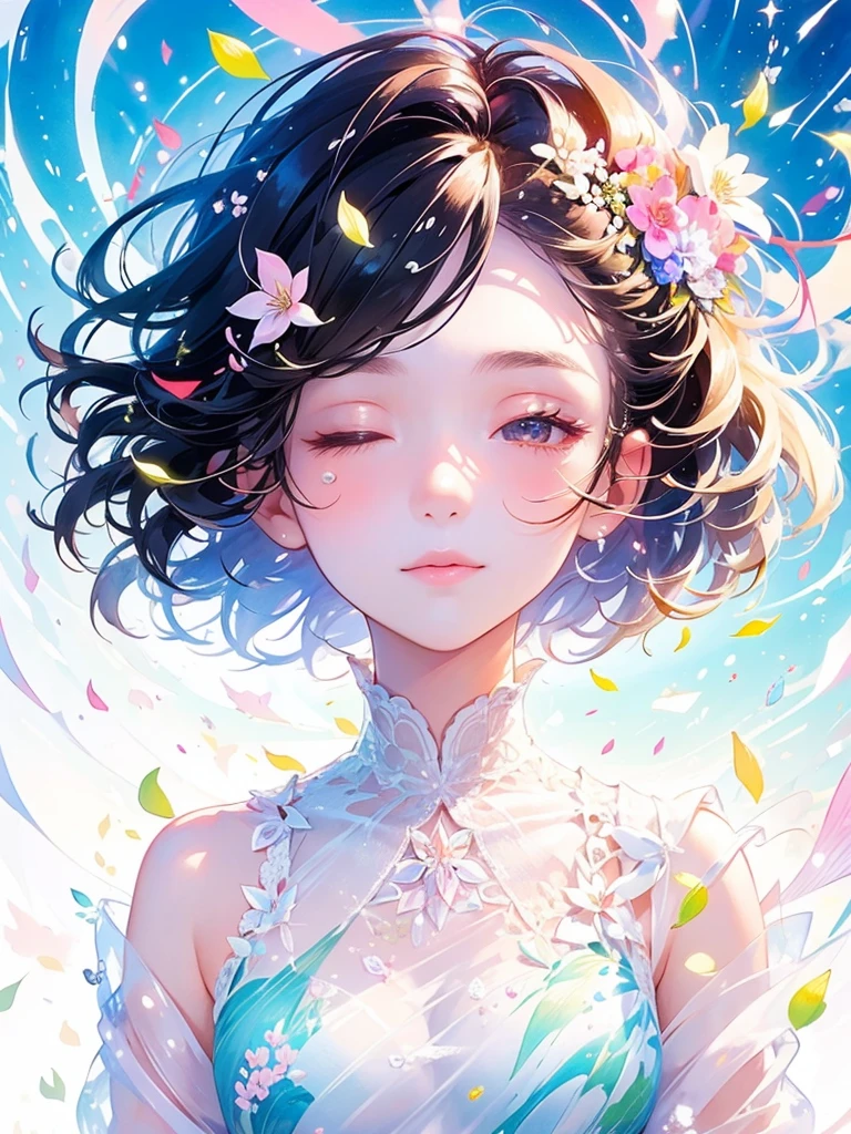 (masterpiece、Highest quality、Highest quality、Beautiful and beautiful:1.2)、Excellent anatomy、(Watercolor painting 1.5)、Long Shot、straight short hair images、Trendy Hair Color, Beautiful Face、Beautiful profile, Look up at the sky, I close my eyes and pray, A tear running down my cheek,Fairy, 蝶のFairyのコスチューム、Pure white、Pure、charm, Colorful flowers of different colors, Flower and leaf wind、Botanical Art,