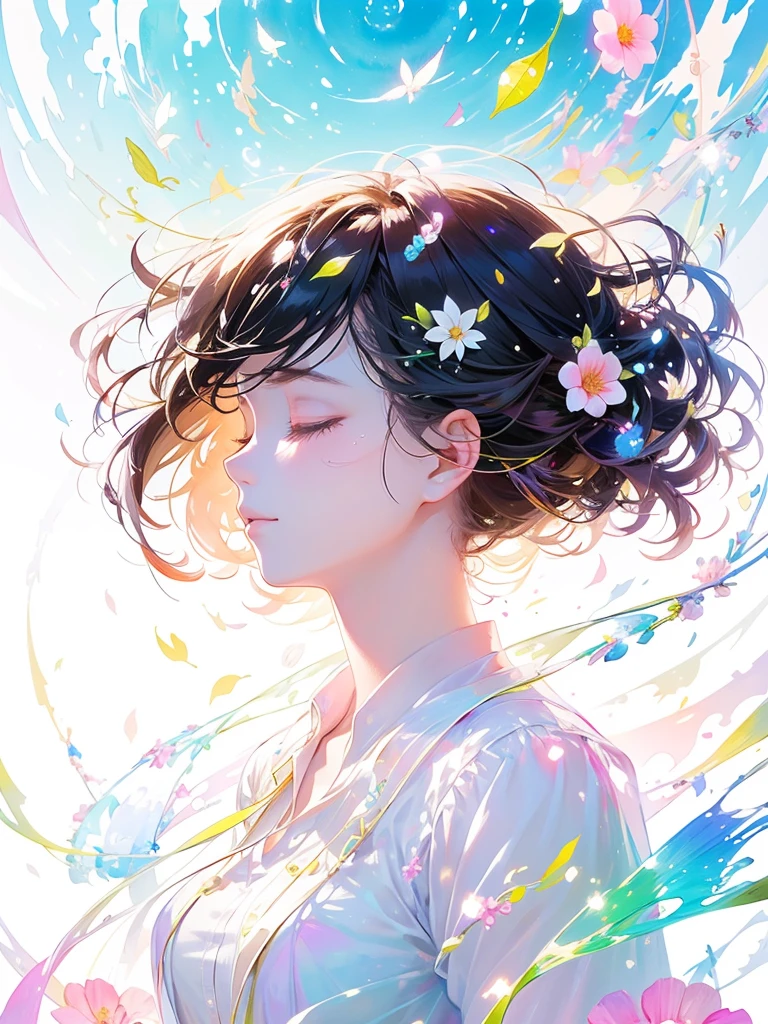 (masterpiece、Highest quality、Highest quality、Beautiful and beautiful:1.2)、Excellent anatomy、(Watercolor painting 1.5)、Long Shot、straight short hair images、Trendy Hair Color, Beautiful Face、Beautiful profile, Look up at the sky, I close my eyes and pray, A tear running down my cheek,Fairy, 蝶のFairyのコスチューム、Pure white、Pure、charm, Colorful flowers of different colors, Flower and leaf wind、Botanical Art,