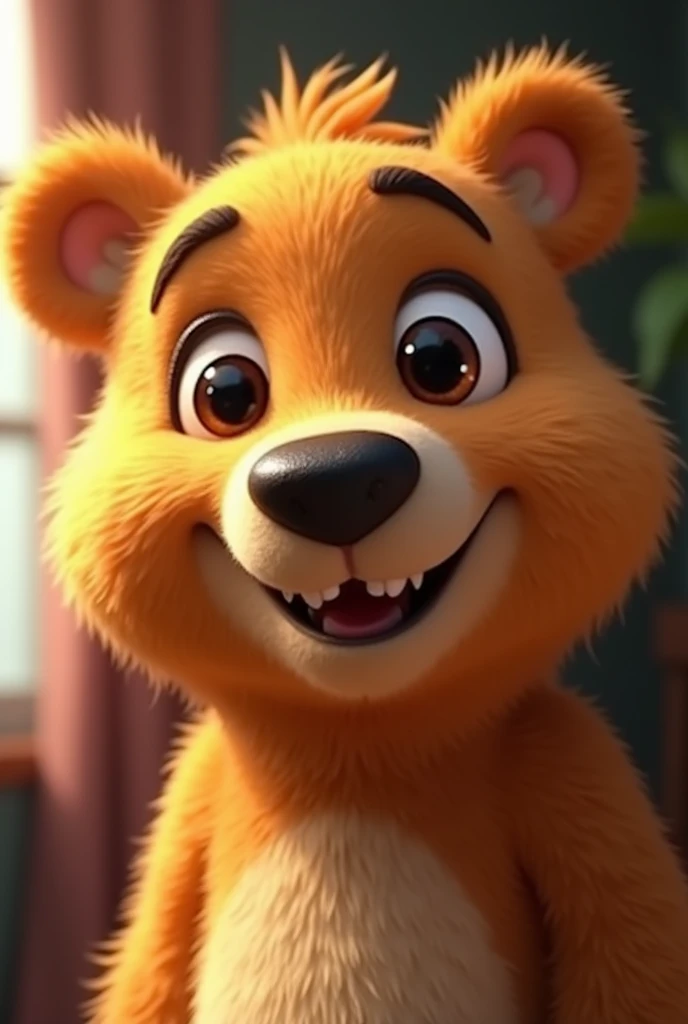 Create a close-up image of an adorable   Bear smiling, facing the camera with a zoomed-in perspective. The animal should have a cute and expressive face, resembling the animation style of Pixar by Disney, with large, shiny eyes and a joyful smile. The background should be blurred to emphasize the animal's face. Each animal should appear friendly and endearing, with soft fur or feathers and bright, cheerful colors."