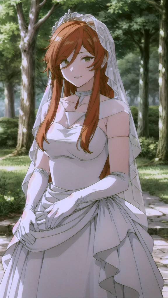 solo,looking at viewer,smile,parted lips,
Flamme,1woman,
nature,sunlight, hair between eyes, ahoge, brown eyes,orange hair, star \(symbol\), hair ornament, dress, cleavage, bare shoulders, collarbone, long white elbow gloves, white gloves, white dress, white choker, strapless, tiara, veil, strapless dress, wedding dress, bridal veil, beautiful woman, perfect body, perfect breasts, wearing a wedding dress, ball gown, in the park trees, wedding decorations, a in love smile, realism, masterpiece, textured skin, super detail, high detail, high quality, best quality, 1080p, 16k