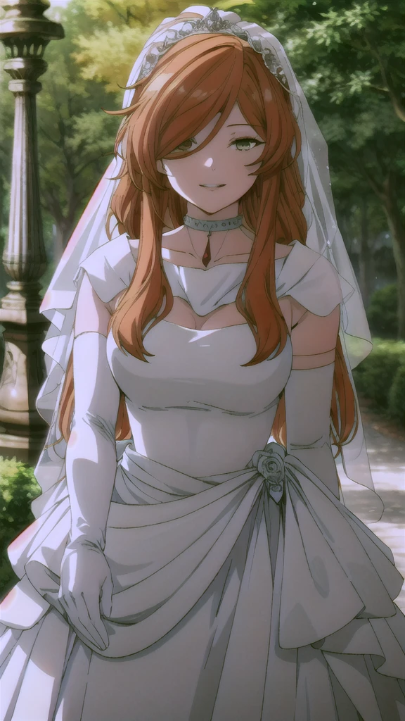 solo,looking at viewer,smile,parted lips,
Flamme,1woman,
nature,sunlight, hair between eyes, ahoge, brown eyes,orange hair, star \(symbol\), hair ornament, dress, cleavage, bare shoulders, collarbone, long white elbow gloves, white gloves, white dress, white choker, strapless, tiara, veil, strapless dress, wedding dress, bridal veil, beautiful woman, perfect body, perfect breasts, wearing a wedding dress, ball gown, in the park trees, wedding decorations, a in love smile, realism, masterpiece, textured skin, super detail, high detail, high quality, best quality, 1080p, 16k