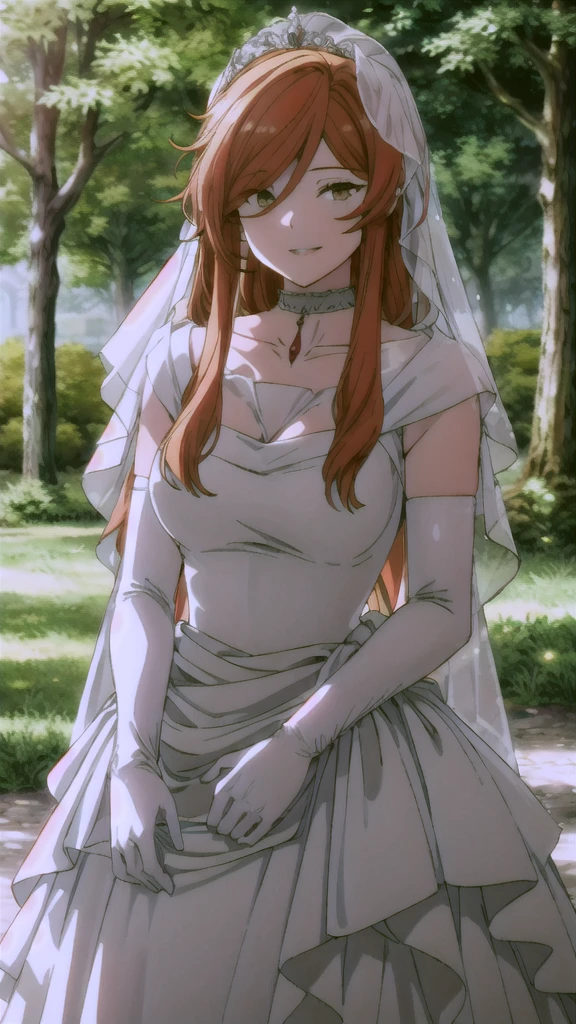 solo,looking at viewer,smile,parted lips,
Flamme,1woman,
nature,sunlight, hair between eyes, ahoge, brown eyes,orange hair, star \(symbol\), hair ornament, dress, cleavage, bare shoulders, collarbone, long white elbow gloves, white gloves, white dress, white choker, strapless, tiara, veil, strapless dress, wedding dress, bridal veil, beautiful woman, perfect body, perfect breasts, wearing a wedding dress, ball gown, in the park trees, wedding decorations, a in love smile, realism, masterpiece, textured skin, super detail, high detail, high quality, best quality, 1080p, 16k