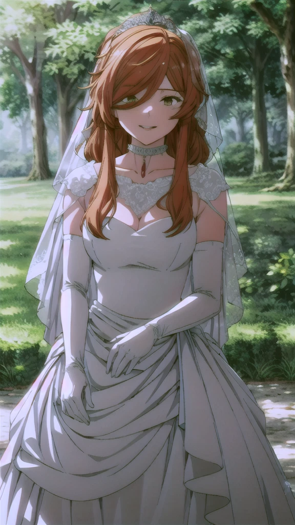 solo,looking at viewer,smile,parted lips,
Flamme,1woman,
nature,sunlight, hair between eyes, ahoge, brown eyes,orange hair, star \(symbol\), hair ornament, dress, cleavage, bare shoulders, collarbone, long white elbow gloves, white gloves, white dress, white choker, strapless, tiara, veil, strapless dress, wedding dress, bridal veil, beautiful woman, perfect body, perfect breasts, wearing a wedding dress, ball gown, in the park trees, wedding decorations, a in love smile, realism, masterpiece, textured skin, super detail, high detail, high quality, best quality, 1080p, 16k