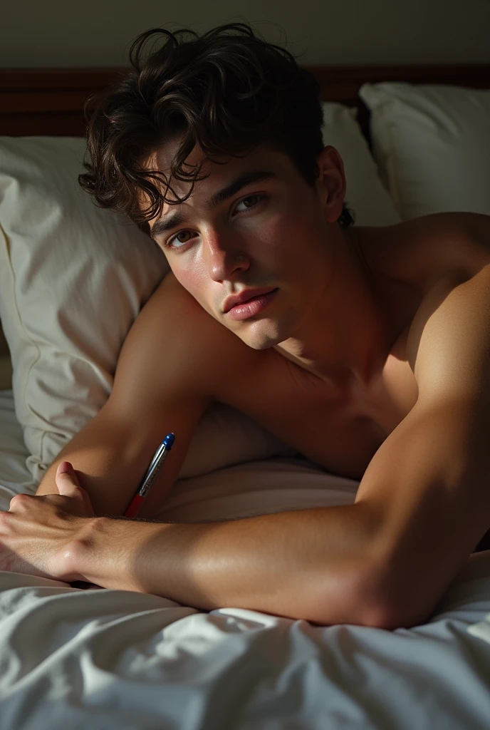 a handsome man, naked ager in bed, muscular,pen,without underwear