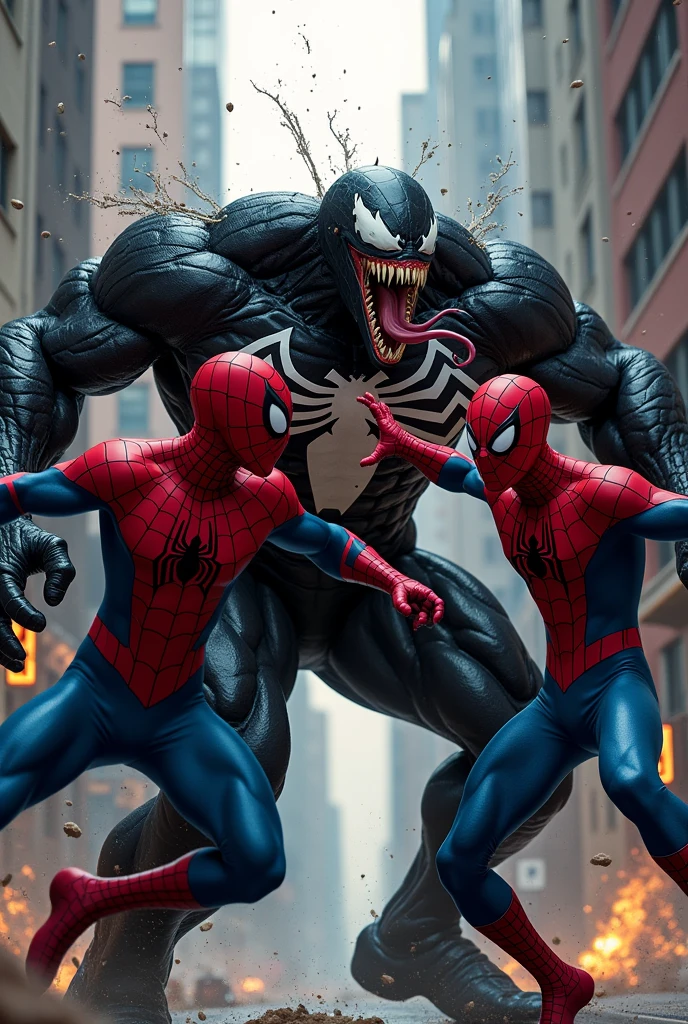 Two spidermanfighting with venim