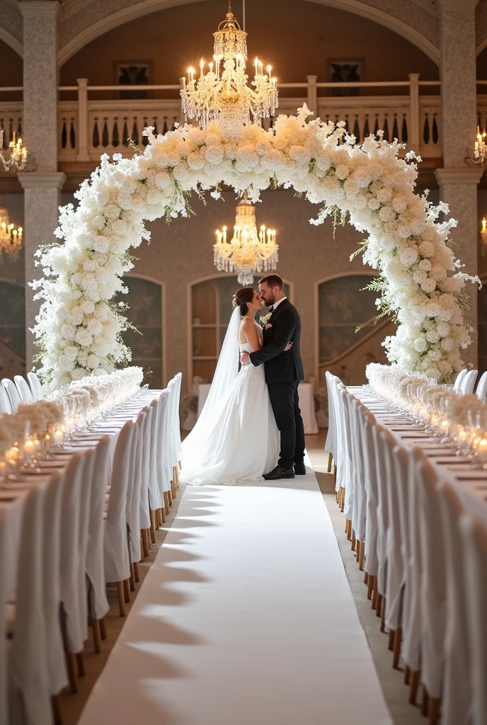 Montre moi des exemples de décoration de salle de mariage dans le thème, blanc dorée avec une touche de rouge chic
Montre moi uniquement le coin marie
Prend en compte que cela sera dans une salle des fêtes municipales et que le budget est de 2000 e