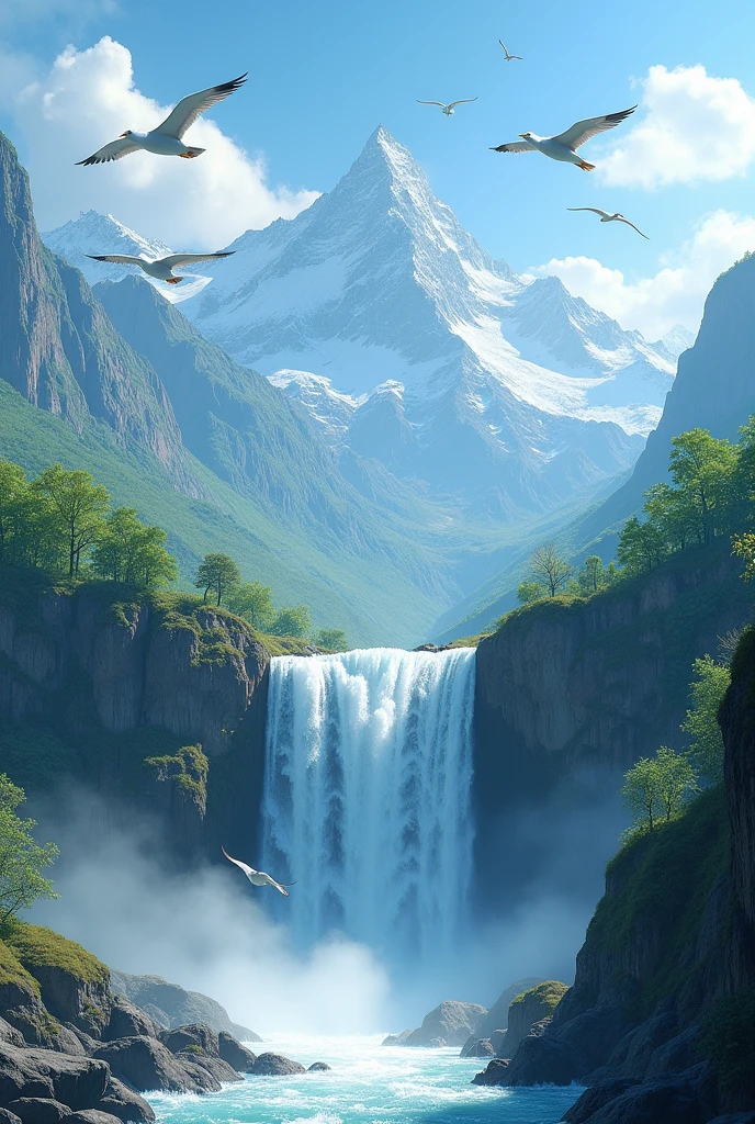 A landscape with mountains, birds flying and a waterfall