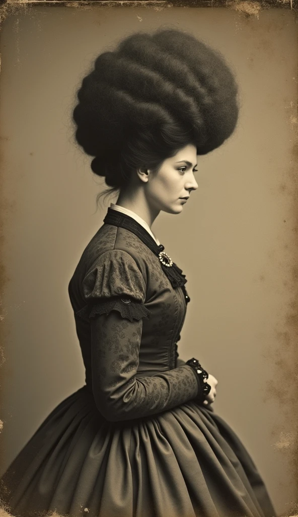 VeronicaCipher studio portrait, Victorian Woman, Wearing a high-collared Victorian gown,huge hairbun , ((very big hair Bun)),((the size of hair Bun is 6 time size of her head)),((round hairbun)), satin, Jacquard, 1800s, analog, granular, Dust, scratch, Blurred, Daguerreo Type, Gelatin Silver, Collodion_photograph, Sepia (Realistic:1.6) , looking back over shoulder,vintage Picture frame