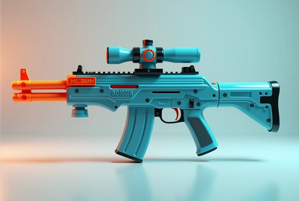 Mini double water gun toy，Integrated rifle mount，Q version，Magazine and scope，(Similar structure to AK47)，(Double muzzle:1.3)，Smooth lines，Plastic material，Three-color Morandi color matching，high quality，Professional Product Photography，Table background，3d, OC Rendering，