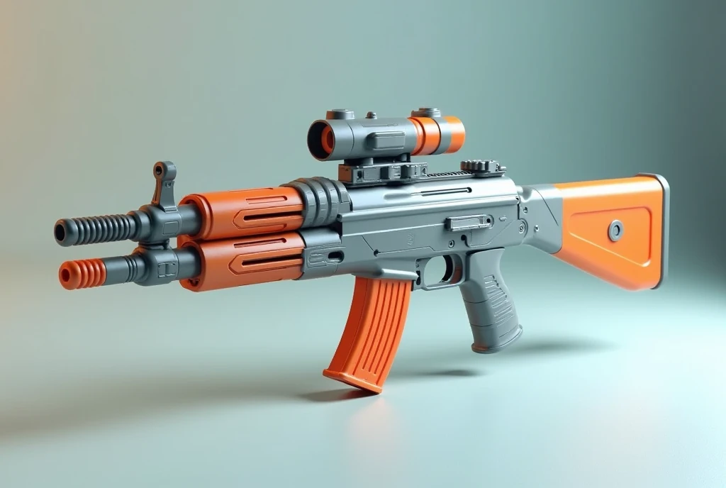 Mini double water gun toy，Integrated rifle mount，Q version，Magazine and scope，(Similar structure to AK47)，(Double muzzle:1.3)，Smooth lines，Plastic material，Three-color Morandi color matching，high quality，Professional Product Photography，Table background，3d, OC Rendering，