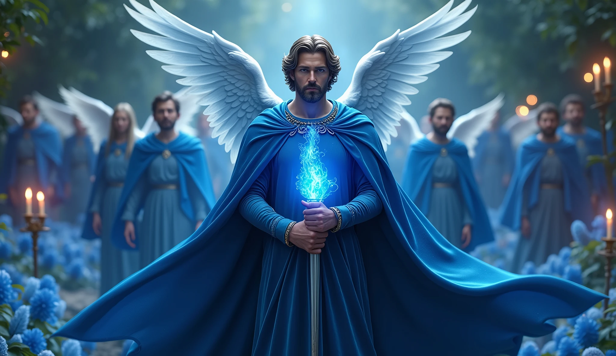 ultra realistic image of archangel michael chic velvet tunic and blue cape, with his blue flame sword, many blue candles lit, blue kyanite crystals,, convey depth, in the background 13 male angels with blue capes and tunics in the garden