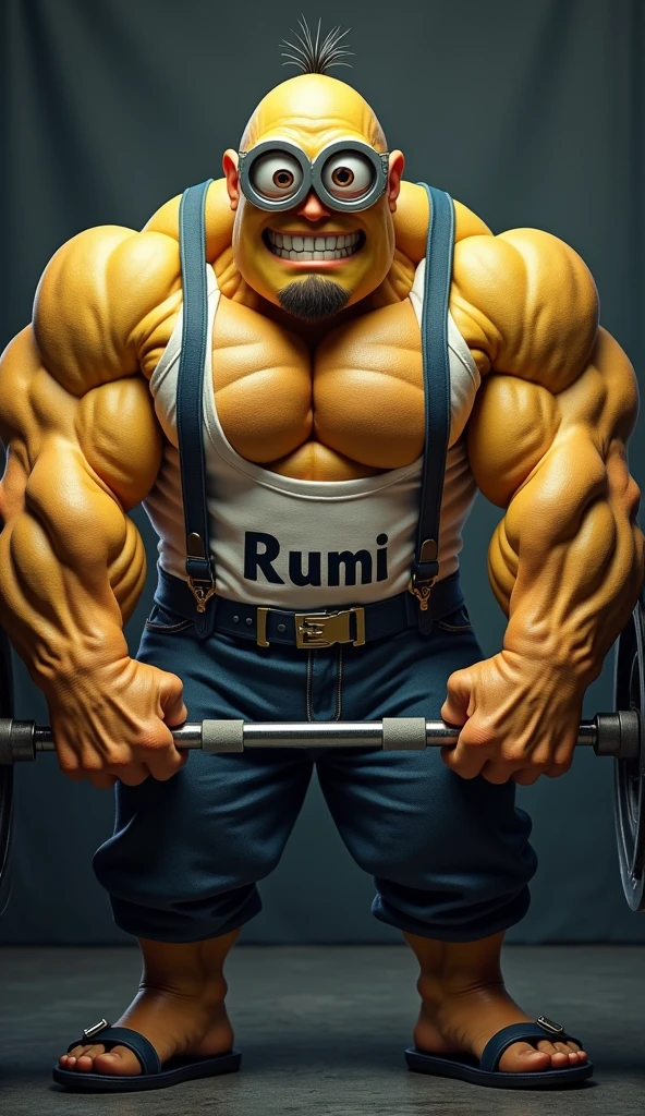 Clear, Here is a more specific version:

"A minion style character, similar to the funny little yellow creatures from the famous movie franchise, but in an extremely muscular version. This minion has an exaggeratedly strong body, with muscles so big that the veins stand out clearly on his arms and chest. He is lifting weights with an expression of intense effort on his face., showing that weight is challenging, but his determination is unwavering. The image is seen from a frontal position and is designed in a realistic style with touches of pop art., ideal for a t-shirt. The word &#39;RUMI&#39; can be read on the T-shirt the minion is wearing.."