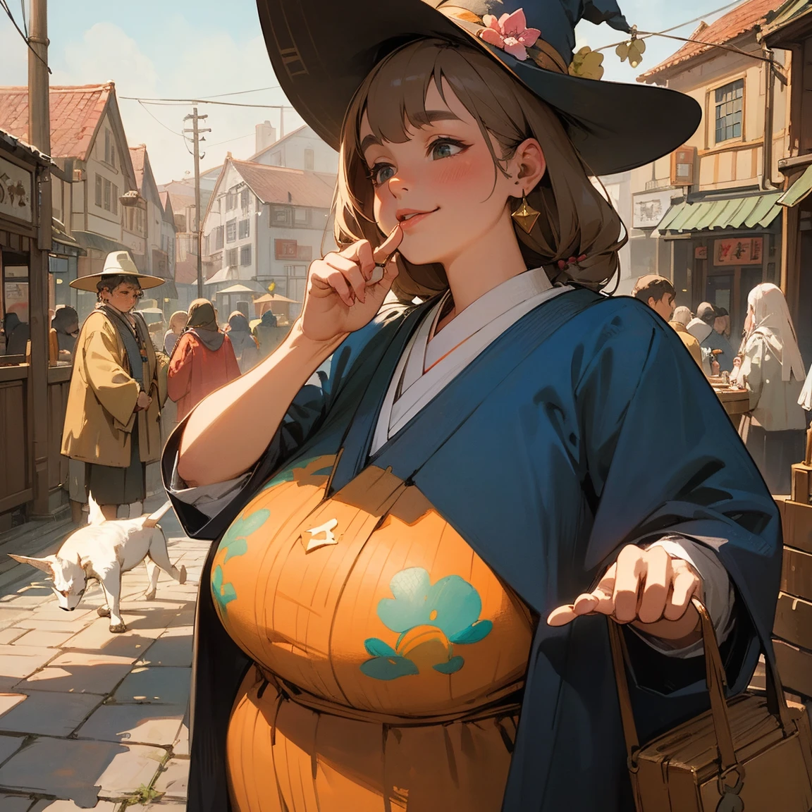 Illustrations for children's picture books,realistic, detailed illustration,A serene town center with a plump, fat friendly-looking witch in her 50s as the focal point. She has a warm, kind expression and is wearing colorful, whimsical clothes befitting a magical character. The witch is holding up a wooden sign that reads 'Happy Bento Shop' in Japanese characters, decorated with cute food illustrations. Around her, curious townspeople of various ages are gathering, their faces showing interest and excitement. Some are pointing at the sign, others are whispering to each other. The overall atmosphere is warm and inviting, with a touch of magic in the air, suggested by subtle sparkles around the witch and her sign, (focus on lunch box:1.2)., hand-painted style, digital art touch,(illustration:1.5), (Watercolor:1,2)