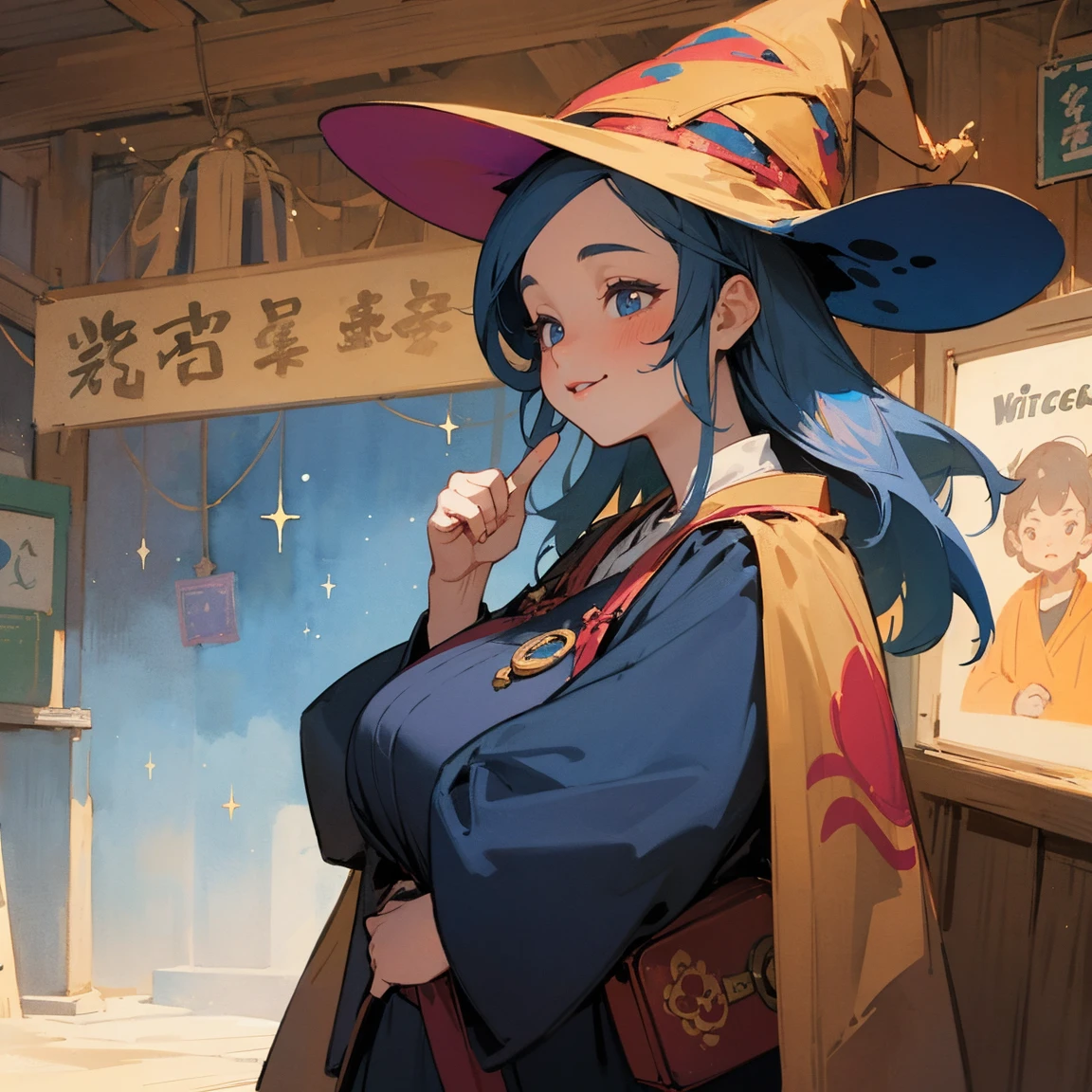 Illustrations for children's picture books,realistic, detailed illustration,A serene town center with a plump, fat friendly-looking witch in her 50s as the focal point. She has a warm, kind expression and is wearing colorful, whimsical clothes befitting a magical character. The witch is holding up a wooden sign that reads 'Happy Bento Shop' in Japanese characters, decorated with cute food illustrations. Around her, curious townspeople of various ages are gathering, their faces showing interest and excitement. Some are pointing at the sign, others are whispering to each other. The overall atmosphere is warm and inviting, with a touch of magic in the air, suggested by subtle sparkles around the witch and her sign, (focus on lunch box:1.2)., hand-painted style, digital art touch,(illustration:1.5), (Watercolor:1,2)