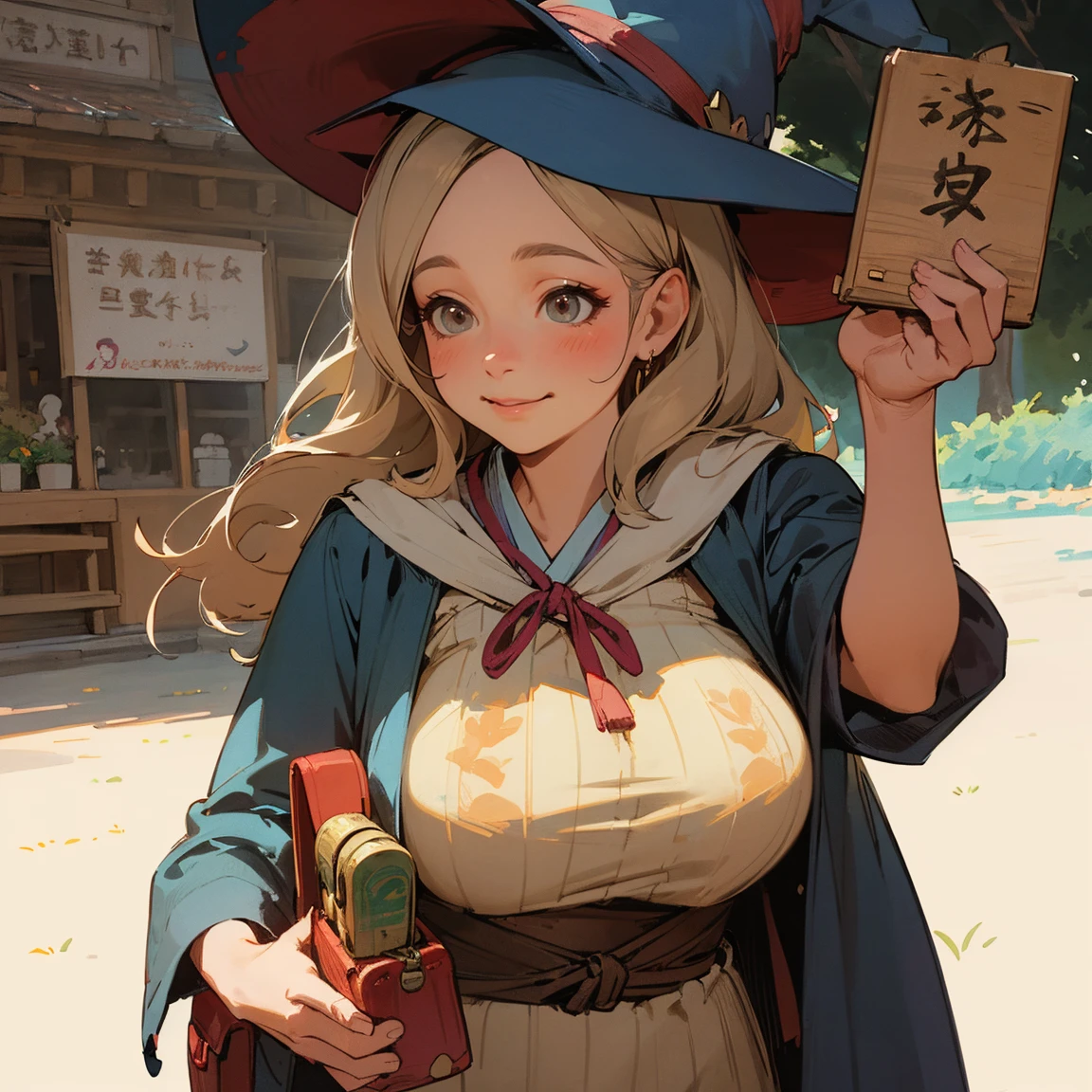 Illustrations for children's picture books,realistic, detailed illustration,A serene town center with a plump, fat friendly-looking witch in her 50s as the focal point. She has a warm, kind expression and is wearing colorful, whimsical clothes befitting a magical character. The witch is holding up a wooden sign that reads 'Happy Bento Shop' in Japanese characters, decorated with cute food illustrations. Around her, curious townspeople of various ages are gathering, their faces showing interest and excitement. Some are pointing at the sign, others are whispering to each other. The overall atmosphere is warm and inviting, with a touch of magic in the air, suggested by subtle sparkles around the witch and her sign, (focus on lunch box:1.2)., hand-painted style, digital art touch,(illustration:1.5), (Watercolor:1,2)
