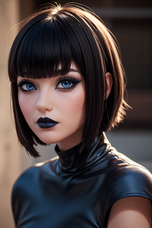 cute face, blue eyes, gothic makeup , eyeliner and eyeshadow, short black hair with bob style bangs voluminous red lips, close up in HD, Intricate medieval architectural details and fantastic landscapes in high 12k resolution