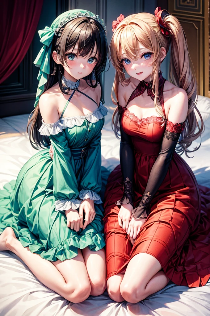 Two anime girls kneel on the bed, leaning towards each other, their faces close together, their hands intertwined, their noble dresses flashing, the confident girl and the kind girl.